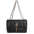 Bolso acolchado negro con cadena dorada, logo S y elegante colgante de borla metálica - Negro