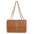 Bolso bandolera acolchado marrón con logo S dorado, borlas y correa de cadena - Marrón