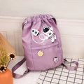 Purple nylon drawstring backpack for kids featuring cute astronaut and cartoon embroidery - Lilac Small