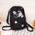 Kids black nylon drawstring bag with astronaut and rocket prints and zip pocket - Black Small