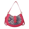 Pink crescent hobo bag with ethnic fabric inlay and gold metal buckle detail - Rose Pink
