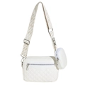 Chic beige quilted PU leather shoulder bag with wide geometric strap and small coin purse - White
