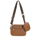 Brown quilted PU leather shoulder bag with patterned wide strap and small coin pouch - Brown