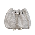 Sac seau en strass argentés avec bandoulière chaîne à glands et perles blanches - Blanc
