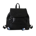 Mochila minimalista de cuero PU negro con logo fashion y cordón de cuentas azul y blanco - Negro