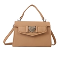 Khaki pebbled leather handbag with heart-shaped metal buckle and top handle - Khaki