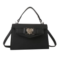Fashionable black faux leather small square bag with silver heart lock and bow detail - Black