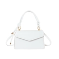 White lychee texture PU leather handbag with V-shaped flap and gold ring accents - White