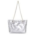 Silver quilted down tote bag with metallic finish and gold chain straps for commuting - Silver
