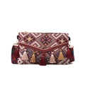 Ethnic knit crossbody bag with vibrant geometric patterns and colorful fringe tassels - Red