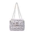 Sac bandoulière matelassé argenté avec chaîne dorée et fermoir carré tournant chic - Argenté