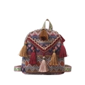Zaino etnico bohémien in tessuto con motivi geometrici colorati e nappe decorative - Rosso