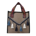 Ethnische Boho-Leinentasche mit bunten Quasten und gewebten geometrischen Trägern - Blau