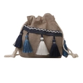 Ethno-Umhängetasche aus Baumwolle und Leinen mit blauen Quasten und Jute-Textur - Blau