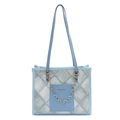 Borsa tote in denim azzurro e grigio fumo con catena a fiori dorati e tracolle fini - Blu