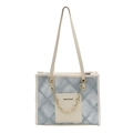 Borsa tote in denim blu con cinturini in pelle color crema e ciondolo a quadrifoglio - Bianco Sporco