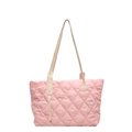 Elegant pink quilted nylon tote bag with ivory leather handles and spacious design - Pink