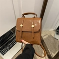 Vintage caramel brown square leather backpack with dual gold buckles for daily commute - Dark Brown