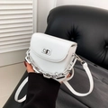 White lychee pattern leather mini square bag with chunky silver chain and metal lock - White