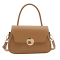 Retro caramel brown box bag in matte leather with a golden disc buckle and top handle - Khaki