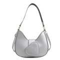 Silver hobo shoulder bag with heart love design and metallic finish faux leather - Silver