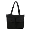 Große schwarze Canvas-Tragetasche mit Vordertaschen und goldenen Druckknöpfen für Damen - Schwarz