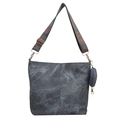 Vintage dunkelgraue Bucket Bag aus gewaschenem Canvas mit Ethno-Schultergurt - Blau