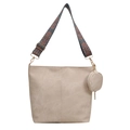 Beige vintage bucket bag with bohemian woven shoulder strap and mini round pouch charm - Beige