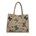 Large woven tote bag with colorful cartoon bear prints and reinforced top handles - Yellow