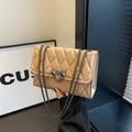 Quilted beige shoulder bag with metal chain strap and luxury turn-lock closure - Khaki
