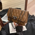 Elegant brown quilted crossbody bag with chain strap and square metal lock - Dark Brown