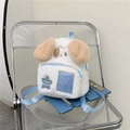 Zaino carino in peluche a forma di cane bianco con orecchie marroni e spalline blu - Bianco