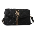 Modische schwarze Stepptasche mit goldener Logo-Kette und Quastenanhänger für Damen - Schwarz
