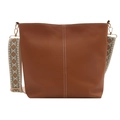 Bolso tote de piel sintética marrón con correa de jacquard y costuras blancas de contraste - Marrón