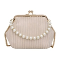 Ivory corduroy pleated shell bag with large pearl handle and gold chain strap - Light Khaki