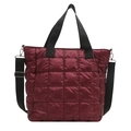 Burgundy quilted tote bag with square stitching, double handles and adjustable strap - Red