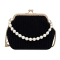 Elegant black corduroy evening bag with pearl handle and golden chain strap - Black