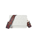 White quilted crossbody bag featuring a bohemian colorful geometric woven wide strap - White