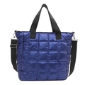 Electric blue quilted tote bag with metallic gloss finish and black woven straps - Blue