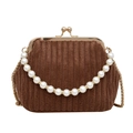 Brown corduroy shell bag with pearl handle and golden chain strap for women - Brown