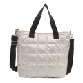 Chic white quilted puffer tote bag with black handles and adjustable shoulder strap - Silver