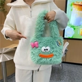 Cute green fuzzy plush shoulder bag with cartoon eyes and decorative hair clips - Green