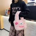Pink plush cartoon tote bag with cute eyes, 3D bow, and colorful hair clips - Pink