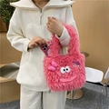 Pink plush tote bag with cartoon eyes and matching phone case for a cute look - Rose Red