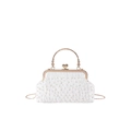 White satin shell-shaped evening clutch bag with pearl embellishments and gold chain strap - White
