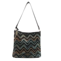 Schicke Damen Beuteltasche mit gewebtem Wellenmuster in Braun und Blau mit Lederriemen - Schwarz