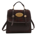 British style plaid backpack in dark brown PU leather and tweed with gold accents - Brown
