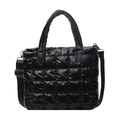 Large black quilted puffer tote bag with glossy finish and detachable shoulder strap - Black