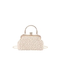 Elegant cream pleated clutch bag with pearls, gold metal handle and chain strap - Khaki