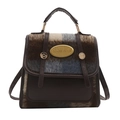 Brown faux leather and plush plaid crossbody bag with a gold metal hardware buckle - Blue